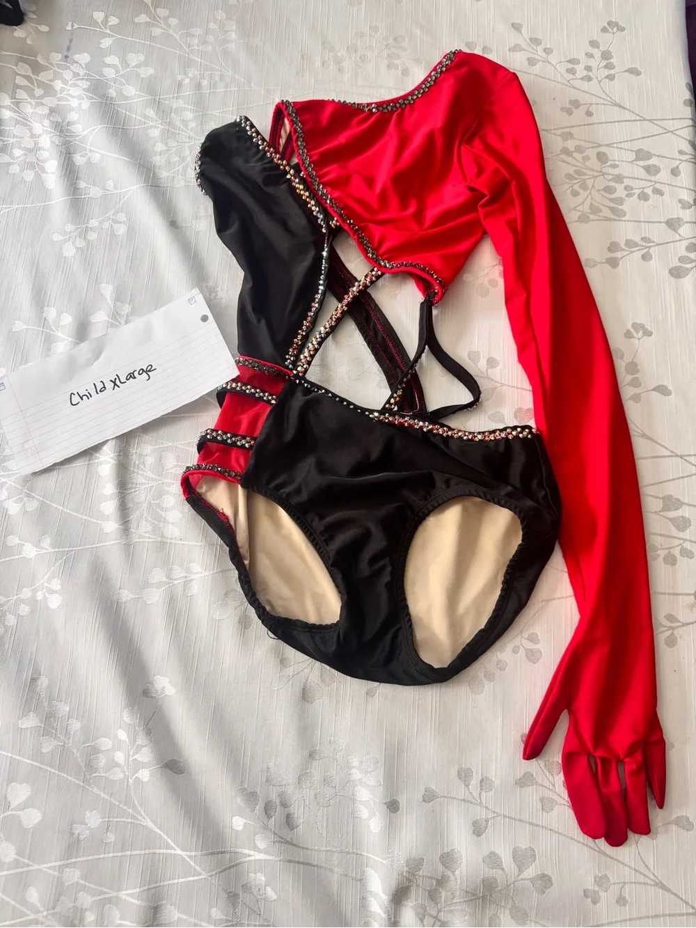 Gorgeous Stunning Custom Girls Red and Black One-Arm Rhinestone Dance Leotard